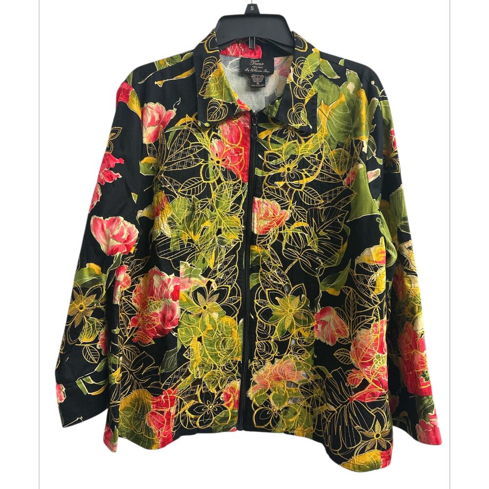 TRENZ WOMAN by Theresa Renz Floral Embroidery Cutout Zip Up Blazer Plus Size 1X